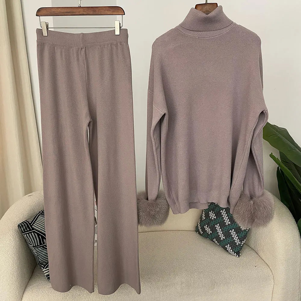 2024 New Fashion Autumn Winter Natural Real Fox Fur Cuffs Coat Knitted Sweater Women Long Pants Set Jacket Thick Warm
