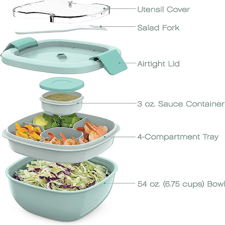 Double Stackable Lunch Box, 50 oz. Large Salad Bowl, 4 Compartment Tray, 3 oz. Sauce Container, Built-In Reusable Fork & Spoon