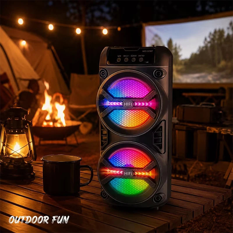 Portable Bluetooth speaker, colorful ambient lights, dual subwoofers with deep bass, supports BT/TWS/FM/USB/AUX/TF/microphone