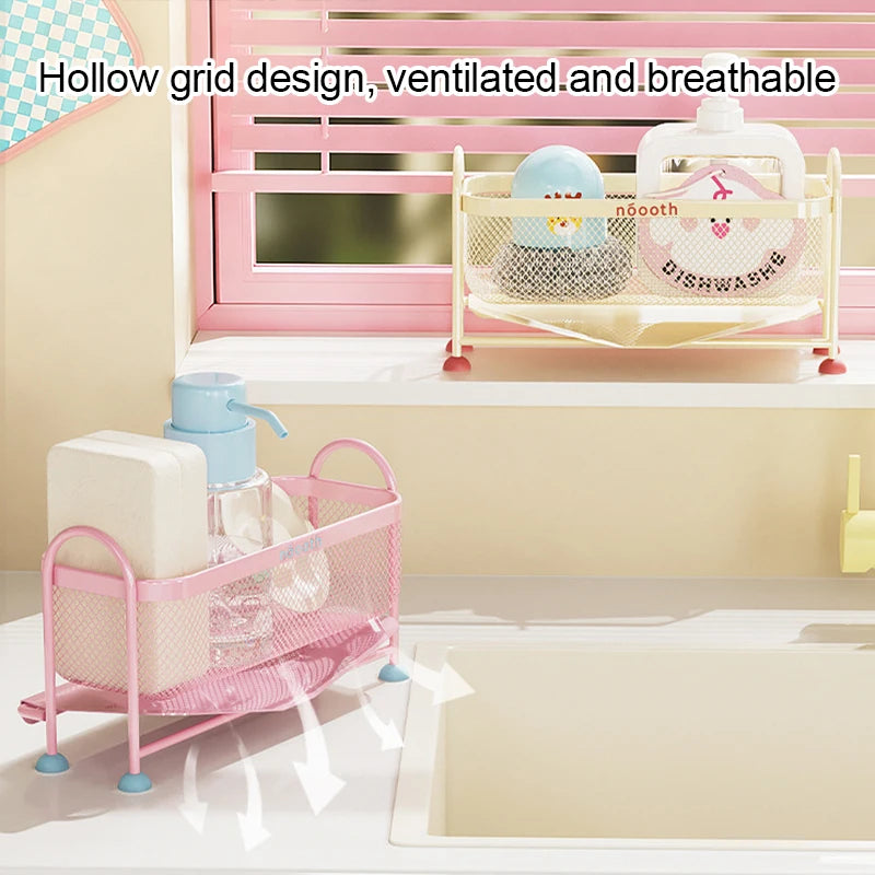 Macaron Kitchen Sink Organizer Rack Narrow Countertop Drain Storage for Sponge Dishcloth Scrubber Steel Ball Soap Holder