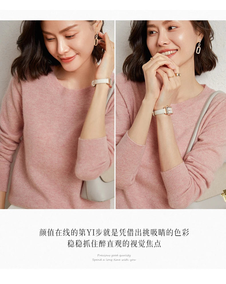 100%Merino Pure Wool Pullover Sweater For AutumnWinter Women's Round Neck Warm High-Quality Solid Color Basic Knitted Jumper Top
