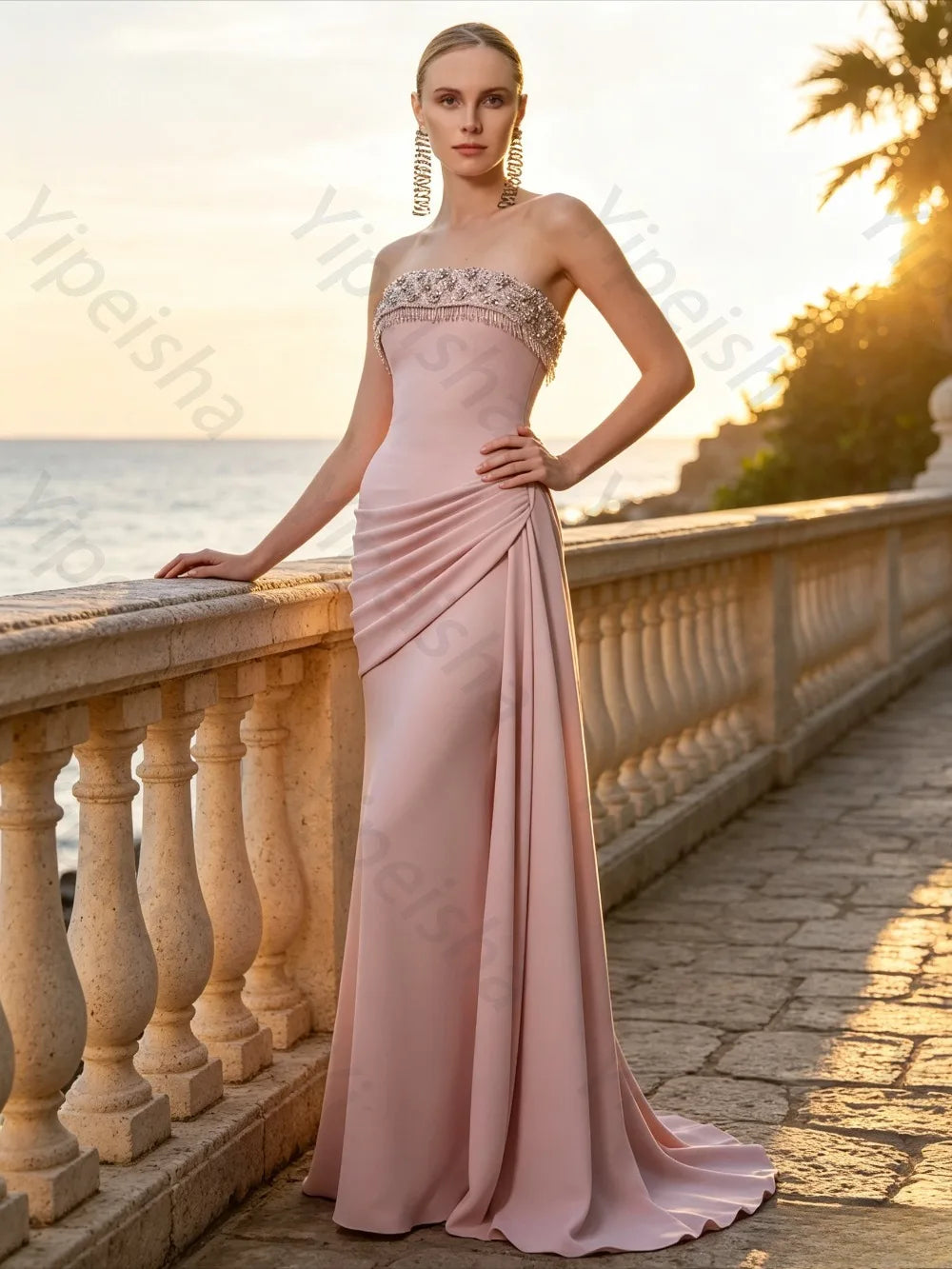 Customized 2026 Pink Strapless Beaded Bodice Ruched Waist Mermaid Zipper Pleated Gown Formal Prom Wedding Evening Party Dress