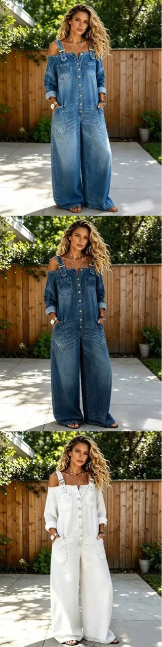 Sexy Off Shoulder Denim Overall Jumpsuit Pockets Wide Leg Playsuit