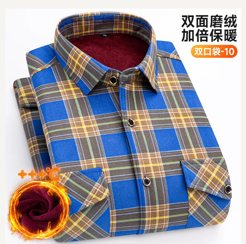 2025 Autumn Winter Men's Fashion Plaid Striped Print Shirts Double-sided Fleece Long Sleeve Thick Warm Shirts Soft Big Size 7XL