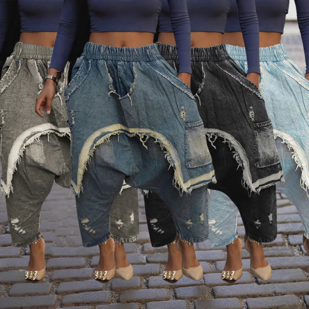 New Vintage Distressed Frayed Ripped Jeans Women's Fashion Loose Harem Pants Casual Hip Hop Streetwear Denim Trousers for Women