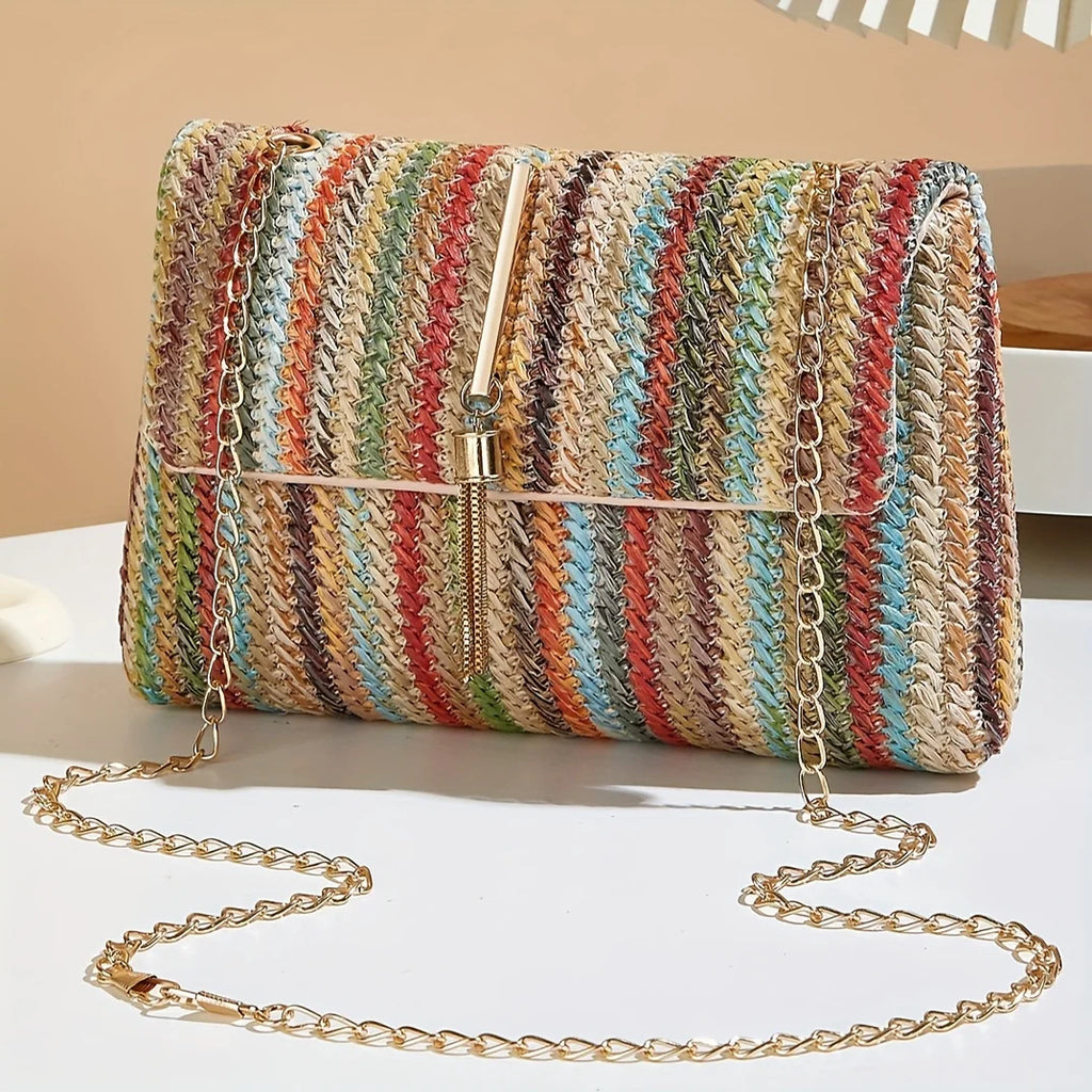 Chic Rainbow Stripe Straw Crossbody Bag for Women Adjustable Shoulder Strap Magnetic Closure Tassel Accent, Fashion Square Purse