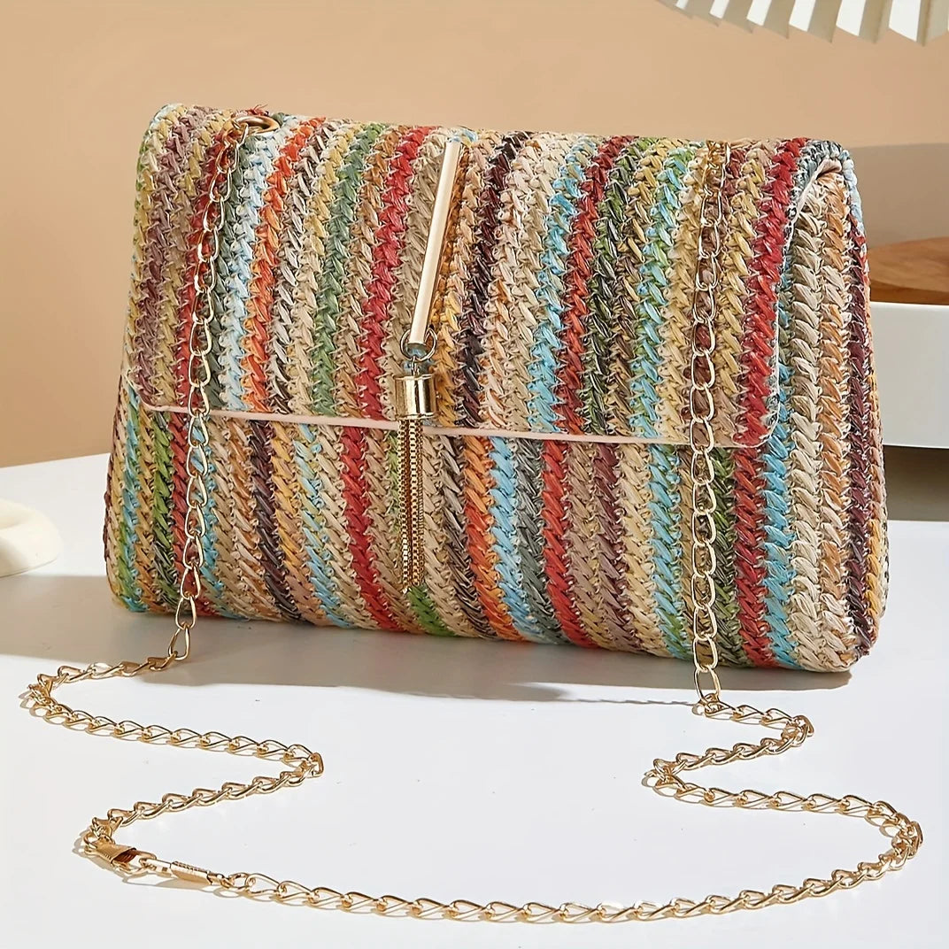 Chic Rainbow Stripe Straw Crossbody Bag for Women Adjustable Shoulder Strap Magnetic Closure Tassel Accent, Fashion Square Purse