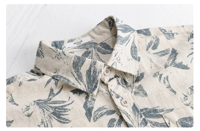 Summer New Printed Breathable Linen Cotton Short Sleeve Shirt for Men Clothing Casual Turn-down Collar Summer Shirt FY736
