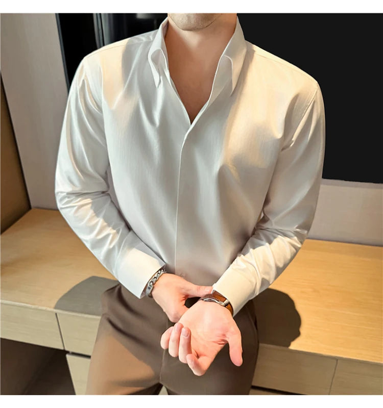 Men's 2026 Spring Luxury Lyocell Cotton Shirt, Leather-Like Texture Jacquard V-Neck, Long Sleeve Business Casual Top
