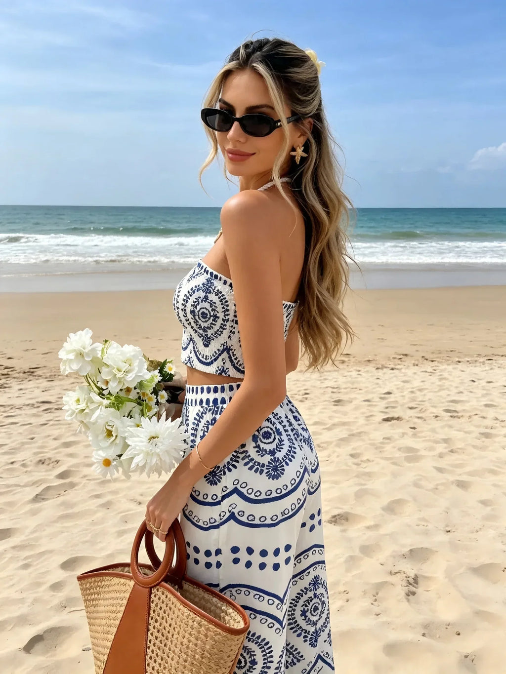 New Bohemian Vacation Plant Print Bandeau Wide Leg Pants, Fashion Two Piece Outfit