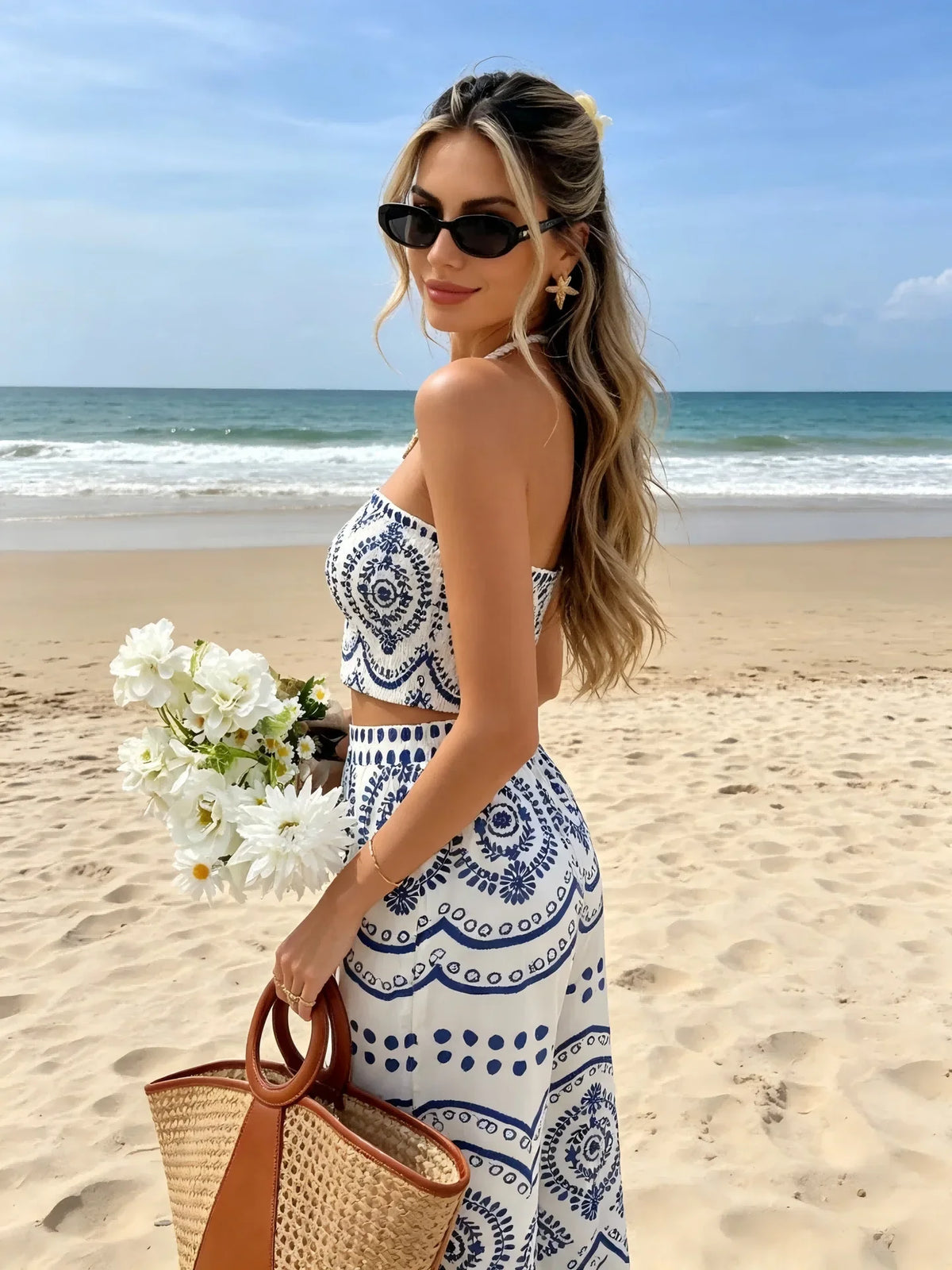 New Bohemian Vacation Plant Print Bandeau Wide Leg Pants, Fashion Two Piece Outfit