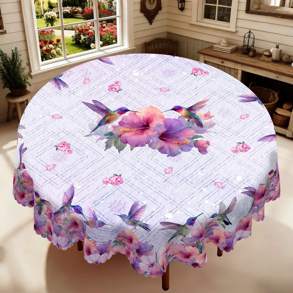 1 Piece of Spring and Summer Floral and Bird-Themed Printed Round and Rectangular Tablecloth, Available in Various Sizes, Featuring Vibrant Hummingbirds and Blooming Hibiscus Intertwined with Fresh Small Flowers and Light Pur