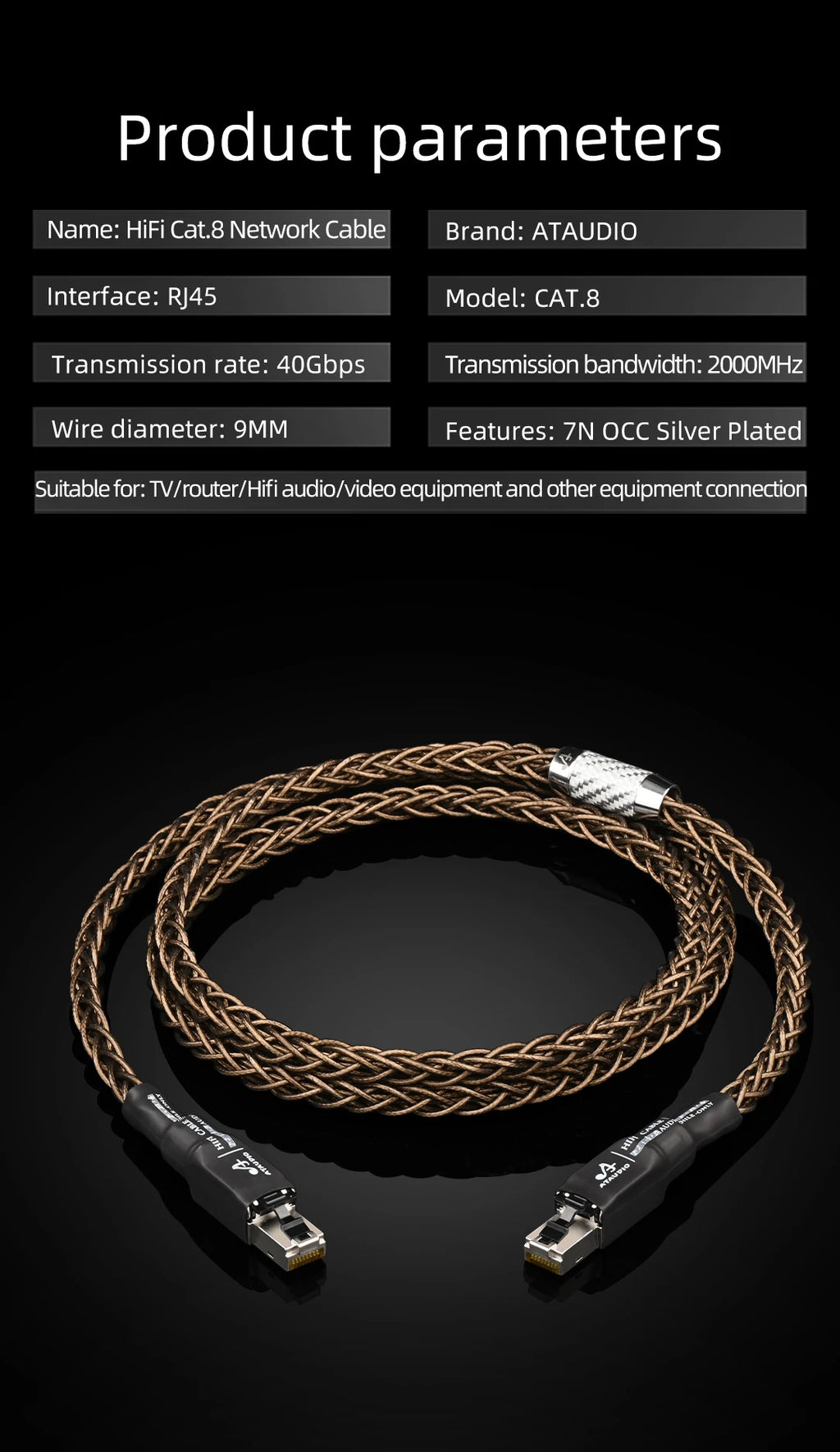 High Speed RJ45 Network Cable 7N OCC Silver Plated HiFi Cat8 Ethernet Cable 40Gbps Laptop Internet LAN Cable for PC Router