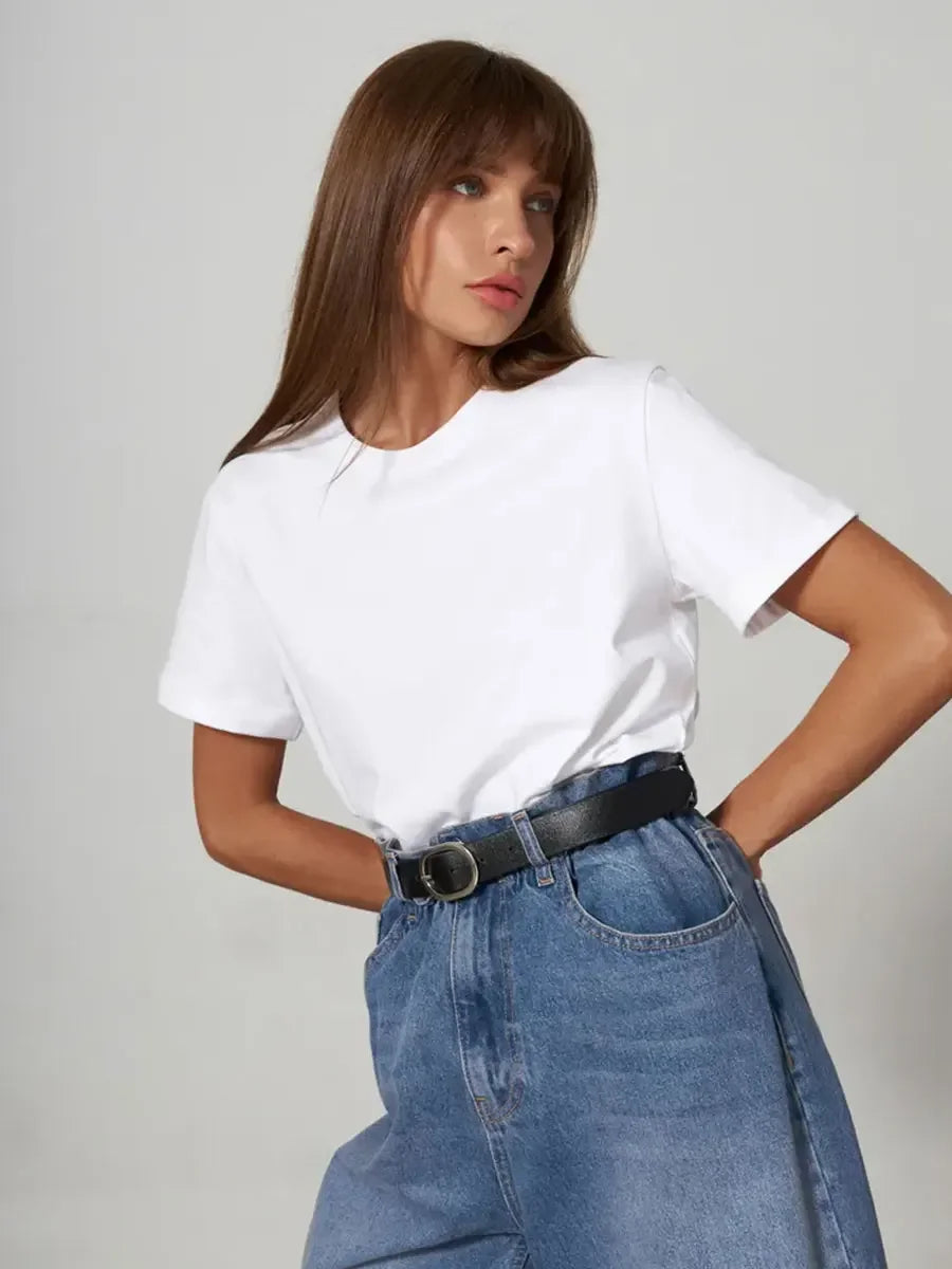 Wolfeel Summer 100% Cotton Women's T-shirt Bottoming Basic Fashionable Solid Lady Short Sleeve Loose Tops Shirts 230g/㎡ Tops