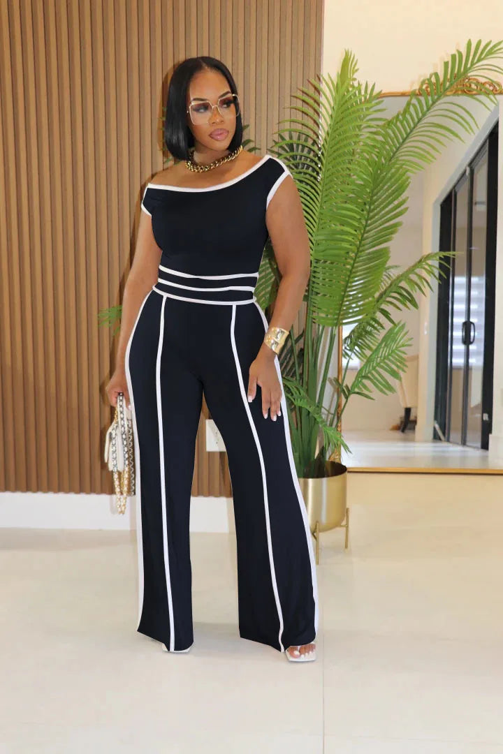 Casual Women's Solid Color Set with Diagonal Shoulders and Wide Legs, Two Piece Set, Summer 2025