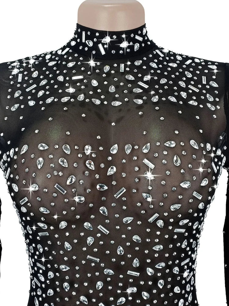 Beyprern Elegant Crystal See Through Mesh Party Dresses Women Glamour Long Sleeve Rhinestone Night Out Vestido Christmas Outfits
