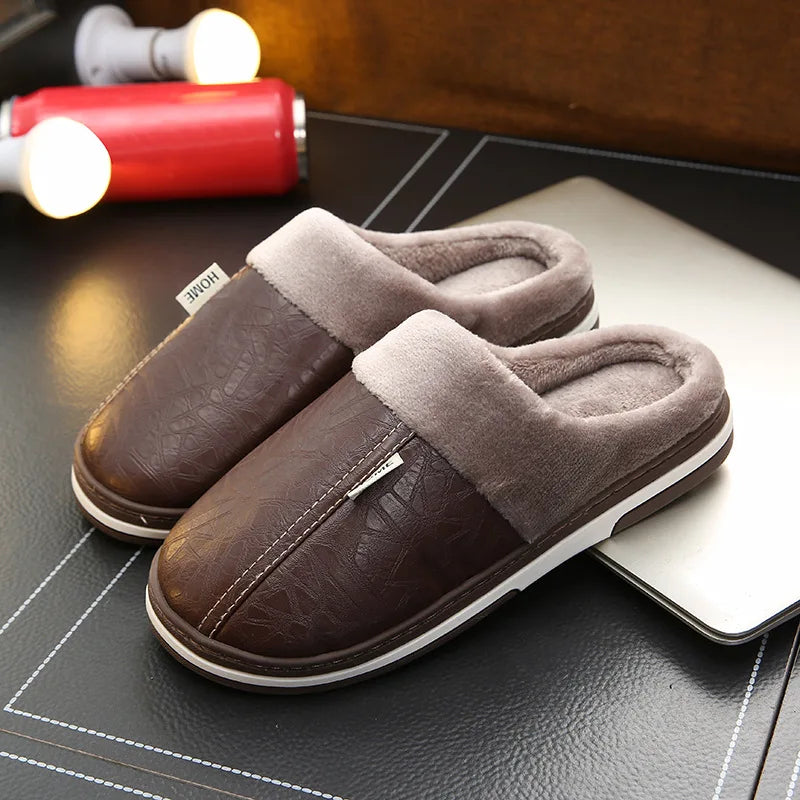 Big Size 50-51 Men Slippers Winter PU Leather Warm Indoor Waterproof Home Furry Flats Couples Slides Bedroom Non Slip Shoes