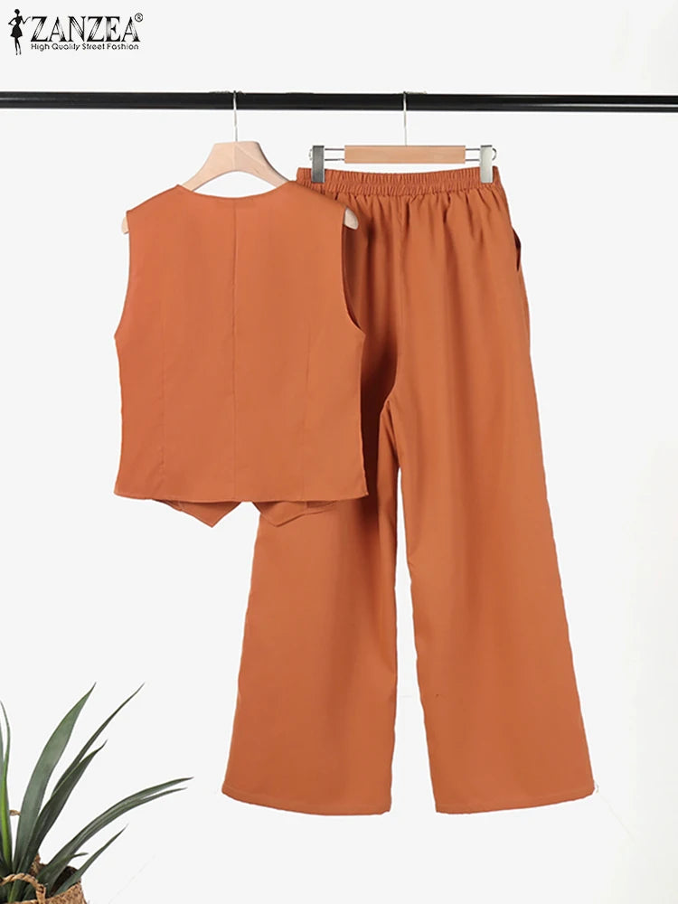 ZANZEA 2026 Women's Two-Piece Sets Wide Leg Pants & Vest Tops Summer Elegant Casual Pant Suits Outfits Office Work Plus Size 5XL