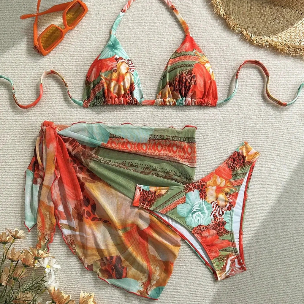 New Women's Retro Floral Print Apron Style Bikini Set 3 Piece High Waisted Tie Side Swimsuit Beach Vacation Swimsuit Biquine