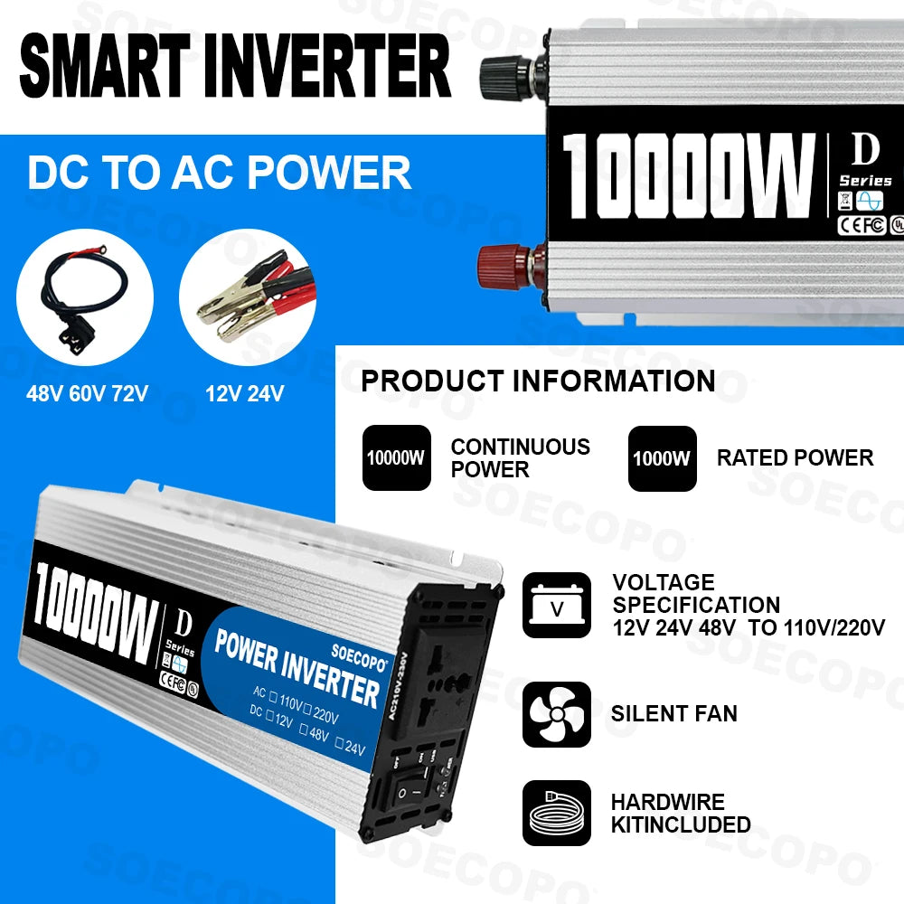 10000W Inverter 12v24v48V DC to 220VAC for Microwave/Drill/Medical Equipment Overload Alarm Construction/Truck/Farm Off-Grid Use