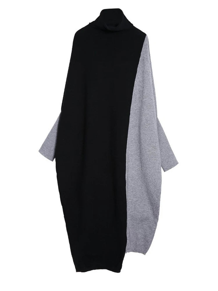 [EAM] Women Coffee Color-block Big Size Long Sweater Dress New Turtleneck Long Sleeve Fashion Tide Spring Autumn 2026 1DJ2393