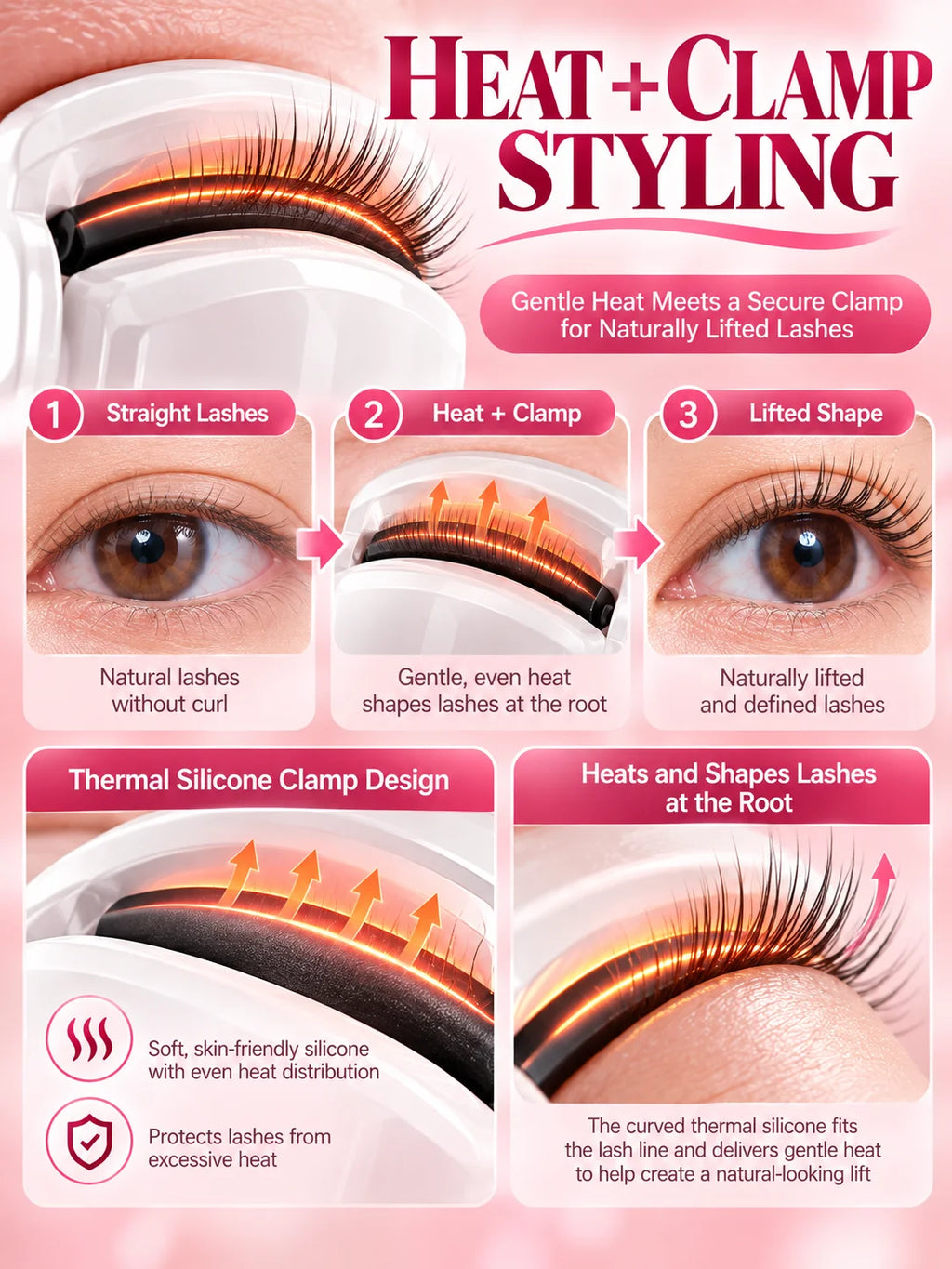 Electric Heated Eyelash Curler 2 Heat Modes Thermal Silicone Clamp Type-C Rechargeable Lash Curler 5-Min Auto Shut-Off Makeup To