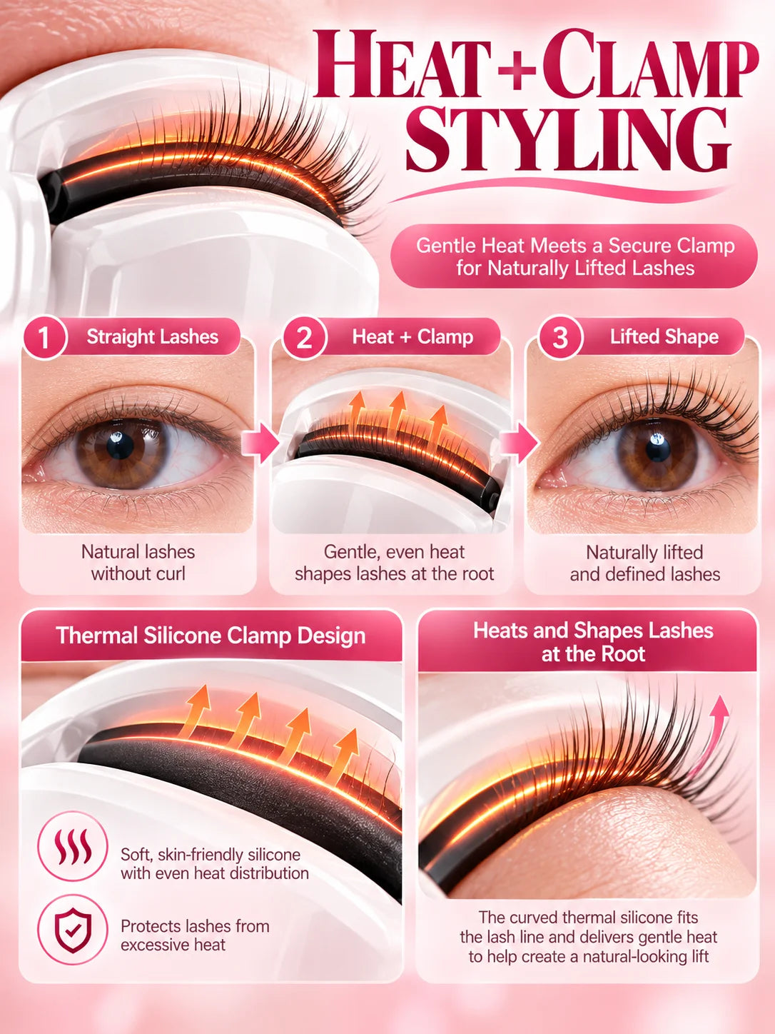 Electric Heated Eyelash Curler 2 Heat Modes Thermal Silicone Clamp Type-C Rechargeable Lash Curler 5-Min Auto Shut-Off Makeup To
