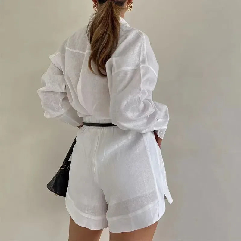 2026 New Women's Long Sleeve 2-Piece Set Casual Button Detail Shorts Outfit Shirt Top Summer Fashion Female Suit Y2k Clothing