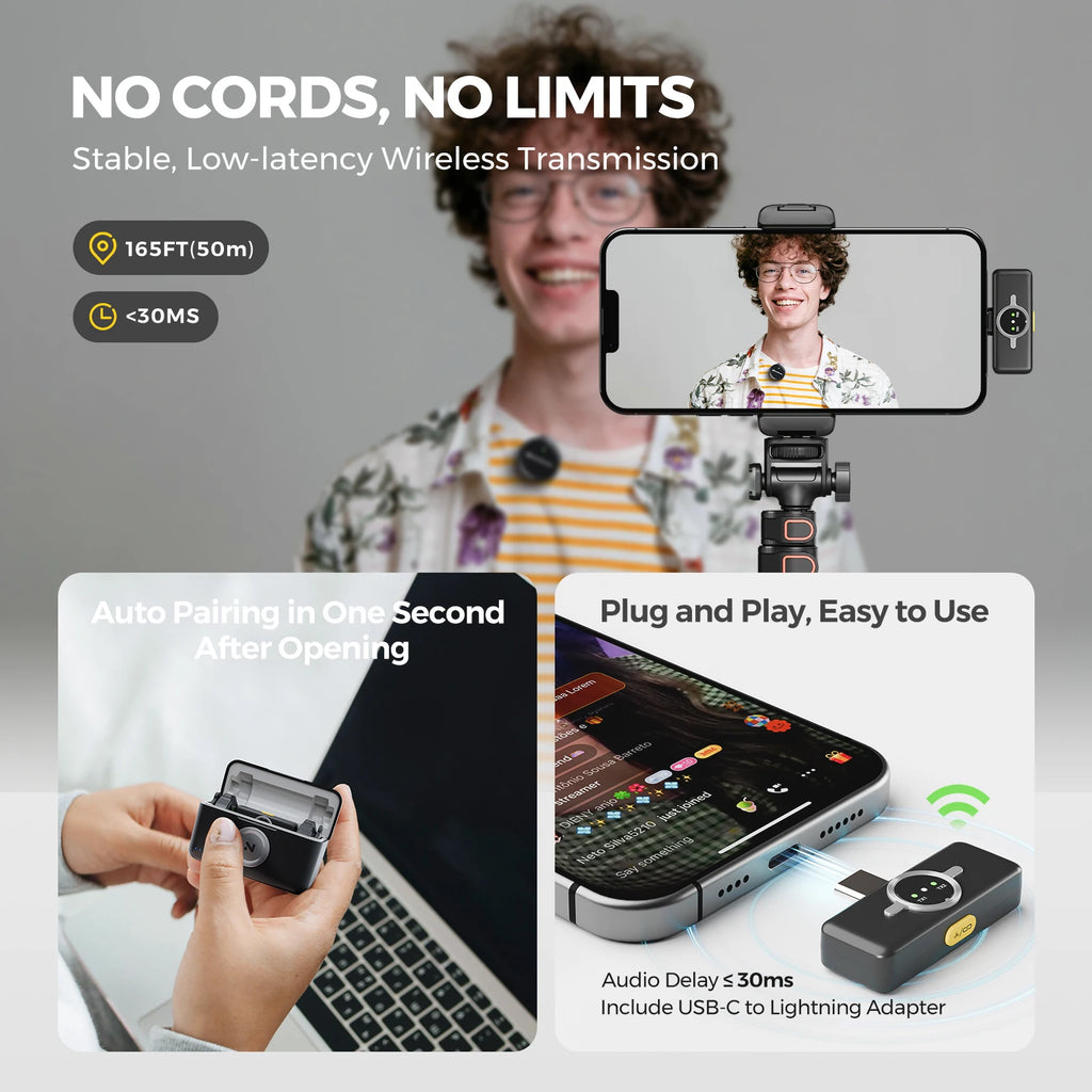 NearStream AWM25T Magnetic Wireless Lavalier Microphone, 1‑to‑2 Dual‑Mic, ENC Noise Cancelling, Low Latency 65Ft, 24H Battery Charging Case, Plug‑Play Lapel Mic for iPhone Android Laptop PC