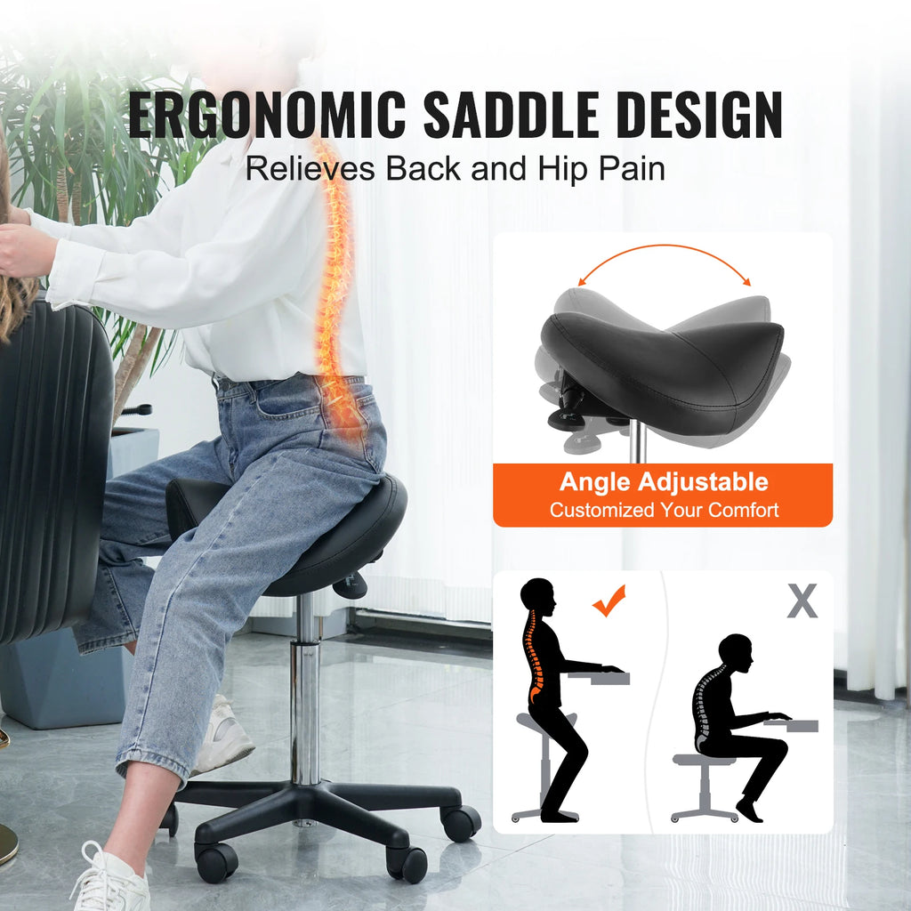 SucceBuy Ergonomic Saddle Stool w/ 5 Swivel Casters 360° Rotation 20.1-28 in Height Adjustable Round Stool for Bar Salon Office