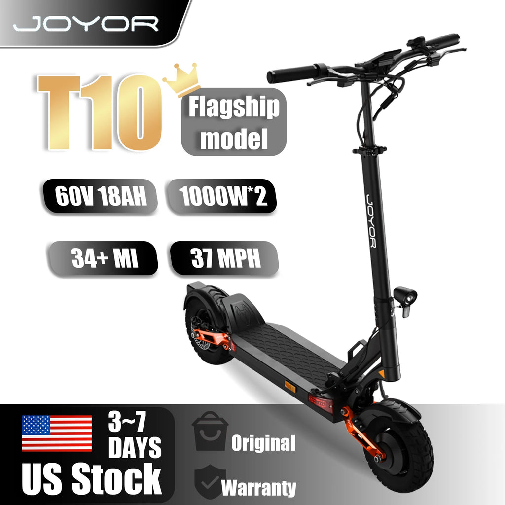 JOYOR T10 Flagship Electric Scooter 1000W Dual Motors 3600W Peak 37MPH 60V18Ah Battery 45 Miles Dual-Arm Suspension Dual Hydraulic Disc Brakes Anti-skid 10Inch OffRoad Tires High Speed Stability Aluminum Alloy Frame Foldable