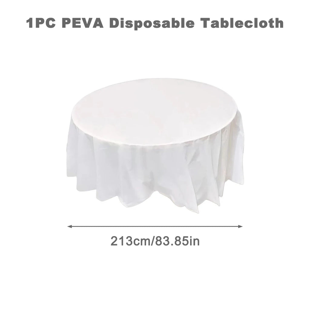 Round Tablecloth White Plastic No Stitch Fabric Elegant Solid Table Cloth for Christmas Birthday Wedding Party Hotel Decoration