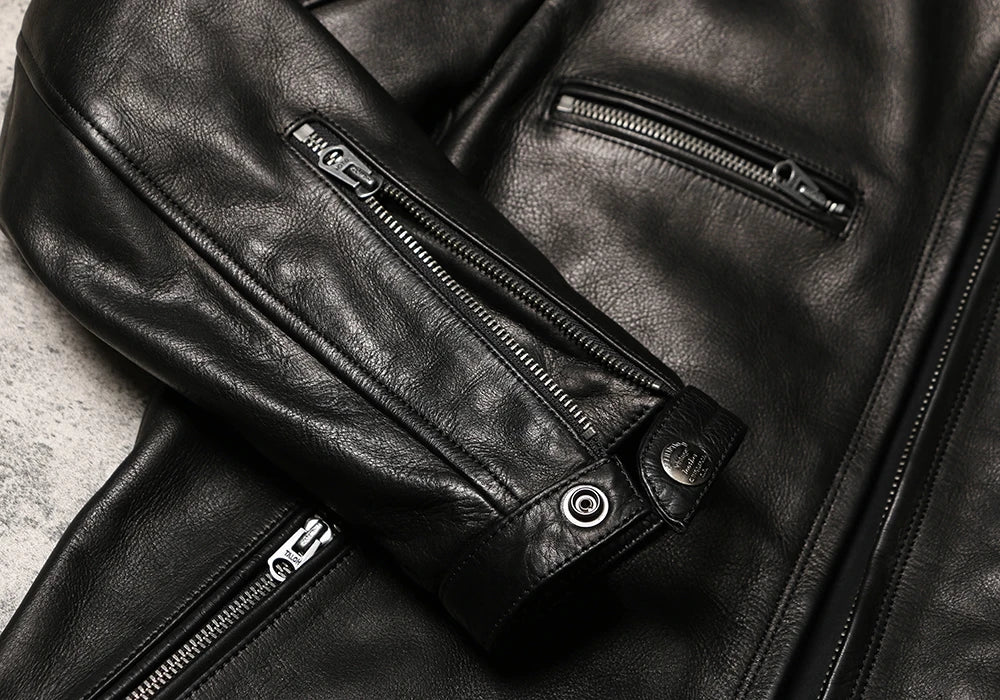 Black Winter Leather Jacket Men Sports Style Plus Size 5XL Genuine Natural Thick Cowhide Stand Collar Slim Fit Short Coat