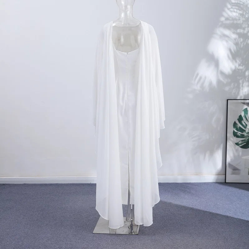 Sheer Cape Round Neck Maxi Dress For Woman Open Back Solid Plain Design Skirt Elegant Wedding Formal Evening Female Long Robes
