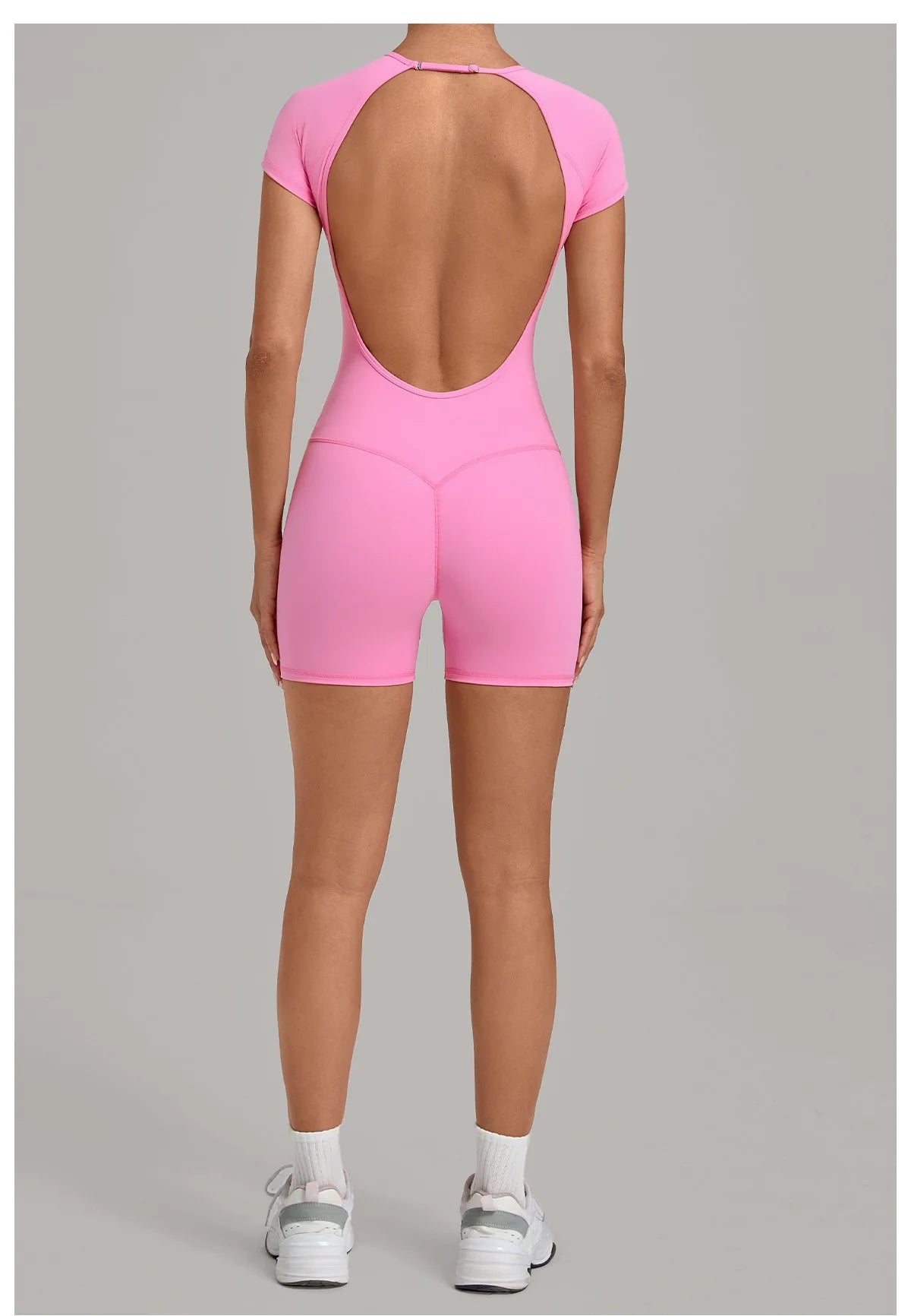 Women Short Sleeve Open Back Yoga Bodysuit Squat Proof Short Jumpsuit Gym Pilates Running Workout Fitness Sport Activewear