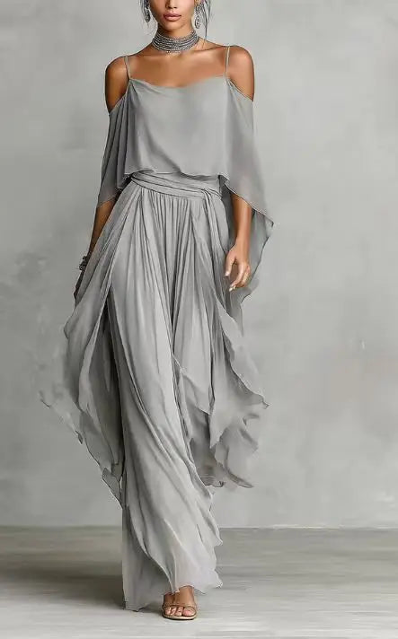 Solid Color Chiffon Two Piece Set Women Casual Off Shoulder Top & Long wide leg pants Set Ladies Elegant Party Suits Outfits