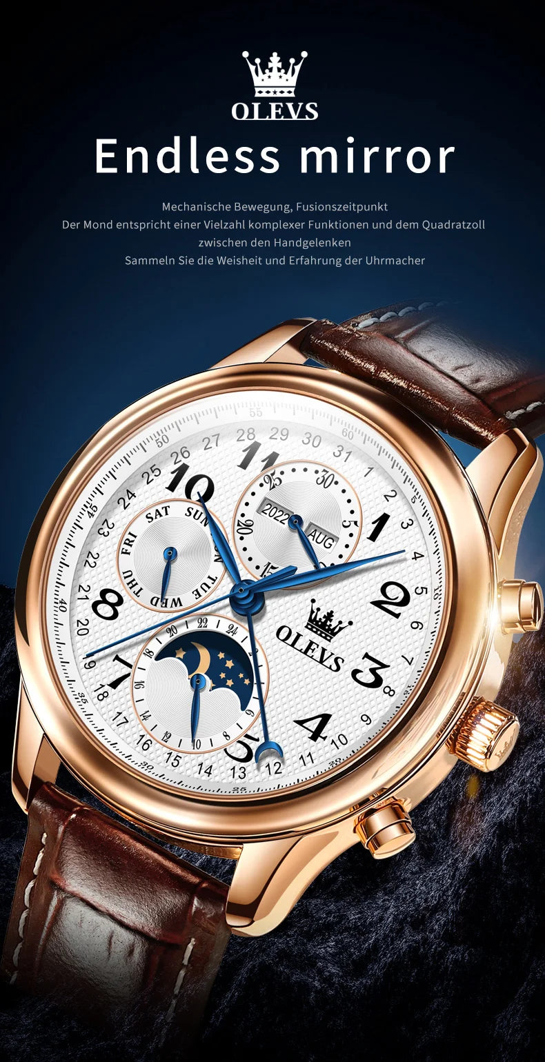 OLEVS 6667 Mens Watch Multifunctional Chronograph Mechanical Watch Leather Strap Moon Phase Watches For Man Luxury Original