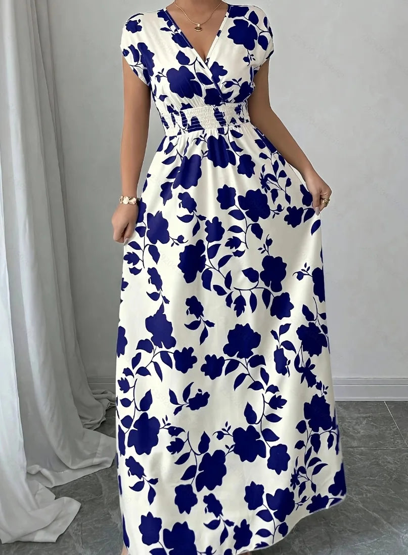 2026 Women's New Fashion Casual Daily Comfortable Elegant Lace-up Floral Print V-neck Short Sleeve Waist Women's Long Dress