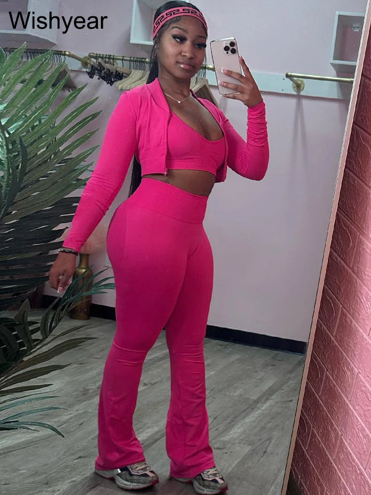Fashion Solid 3 Pieces Sets Women Long Sleeve Crop Tops+Tanks+Flare Pants Active Fitness  Jogging Tracksuits Streetwear Outfits