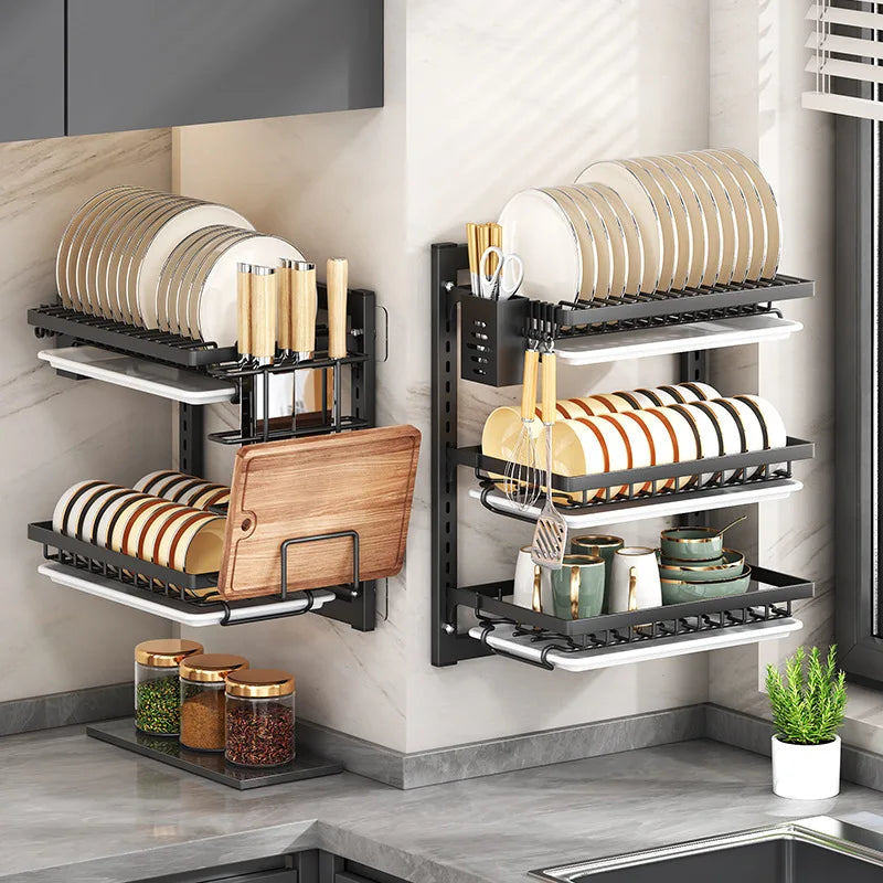 Wall Mounted Kitchen Organizer Rack - No-Drill Storage Shelf for Bowls, Plates, Spices with Dish Drying Function