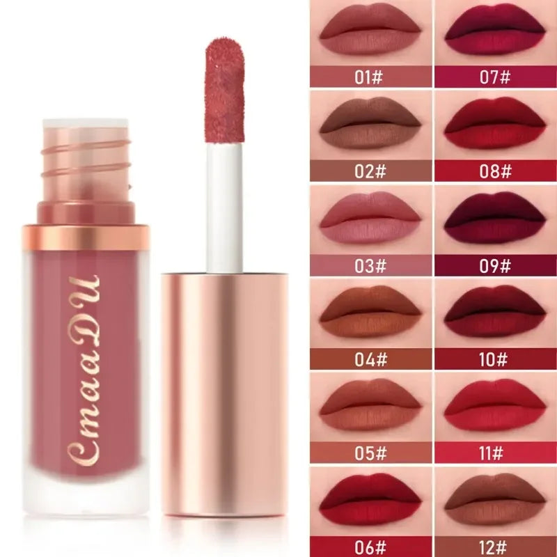 12 Colors Matte Velvet Lip Glaze Waterproof Liquid Lipstick Nude Brown Moisturizing Long Lasting Non-stick Cup Lip Gloss Makeup