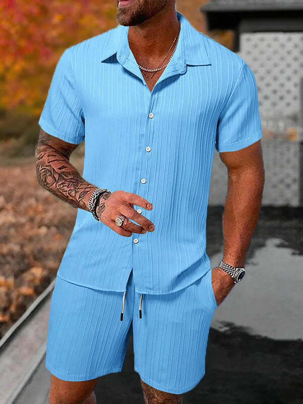 Lazy Street Style Vertical Stripe Slimming Shirt Shorts Two-piece Set No Need To Pair With Autumn Men's Thin Knit Sports Suit