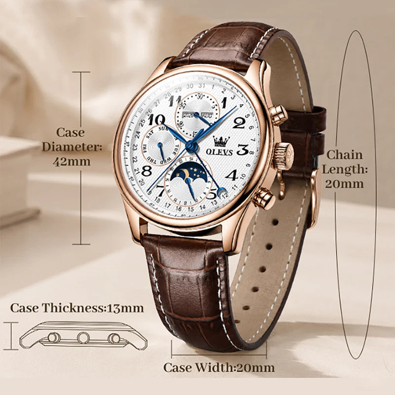 OLEVS 6667 Mens Watch Multifunctional Chronograph Mechanical Watch Leather Strap Moon Phase Watches For Man Luxury Original