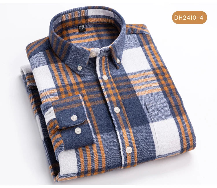 Men's Long Sleeve Flannel Plaid Shirt - Soft Pure Cotton, Button Down Shirts Thick Autumn Winter - Weekend Casual, Going Out
