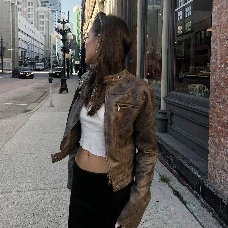 American Y2K Retro Distressed Brown Short Jacket 2026 Spring New Hot Girl Versatile Stand Collar PU Leather Jacket