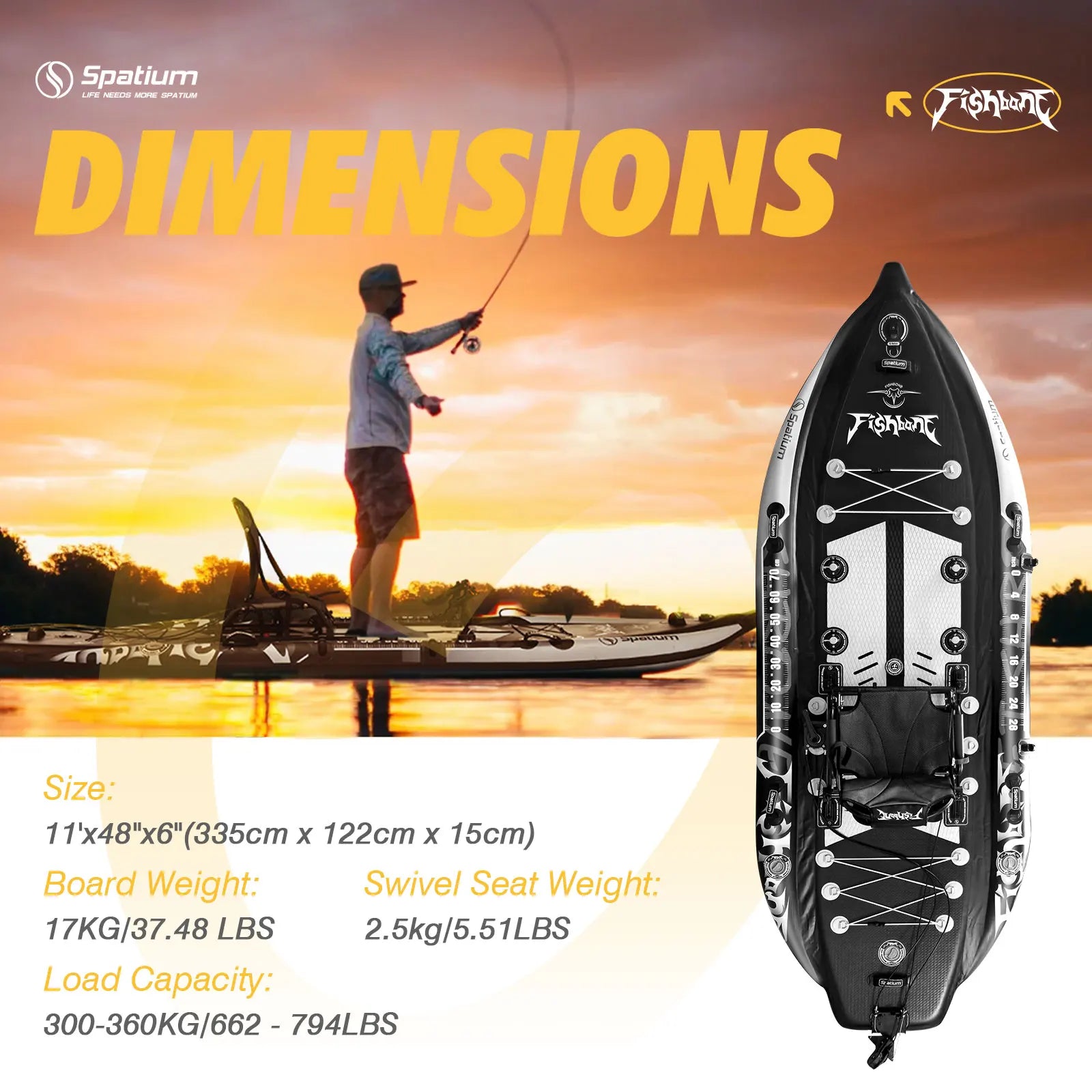 Spatium Fishing Kayak Fishing Paddle Board SUP Inflatable Stand Up Paddle Board 11'*48"*6", Fishing Boat with Swivel Seat