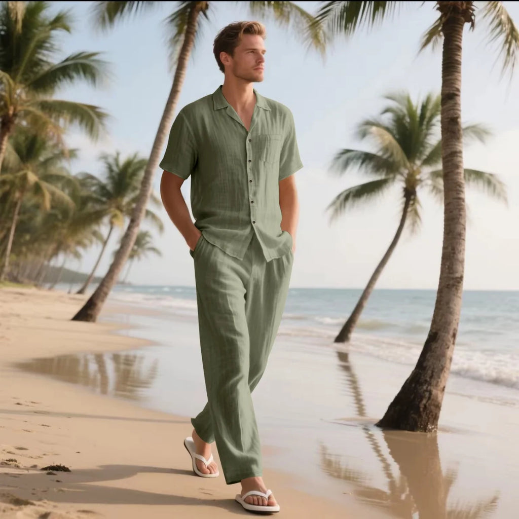 Men's Summer Beach Casual Cotton Linen Shirt Two-Piece Set with Lapel Pocket Long Pants And Shor Fashionable Breathable Clothing