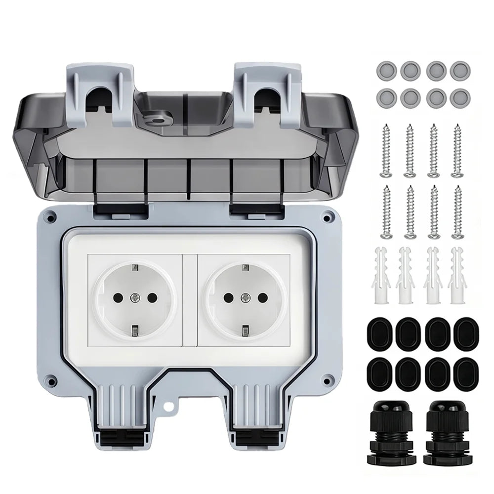 Waterproof Outdoor Socket,Double Power Outlet with Protective Cover ,Dustproof Windproof Socket,Wall-Mounted Garden Power Outlet