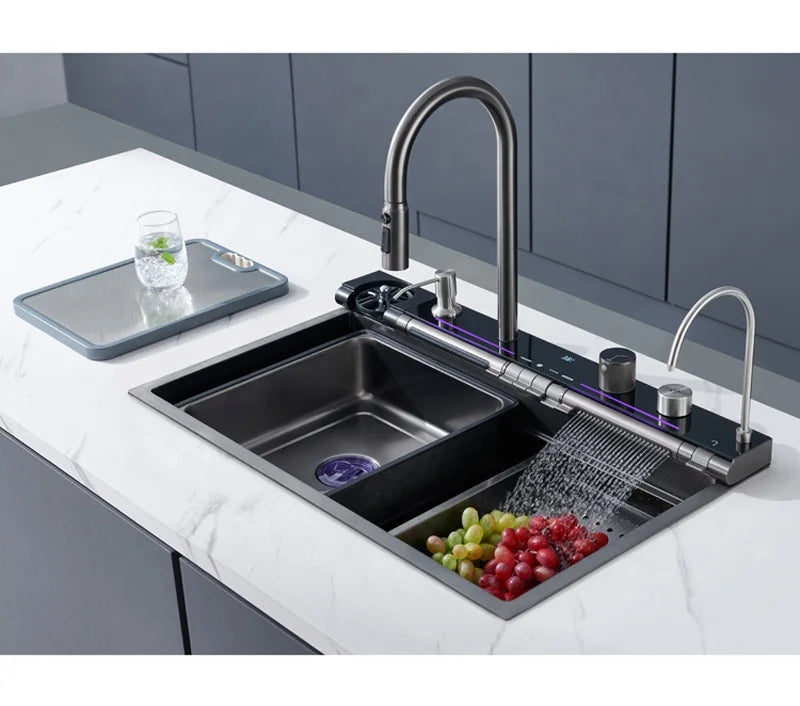 Digital Display Brass Pull Out Waterfall Faucet Nano Black Multifunctional Kitchen Sink With Digital Display and Light