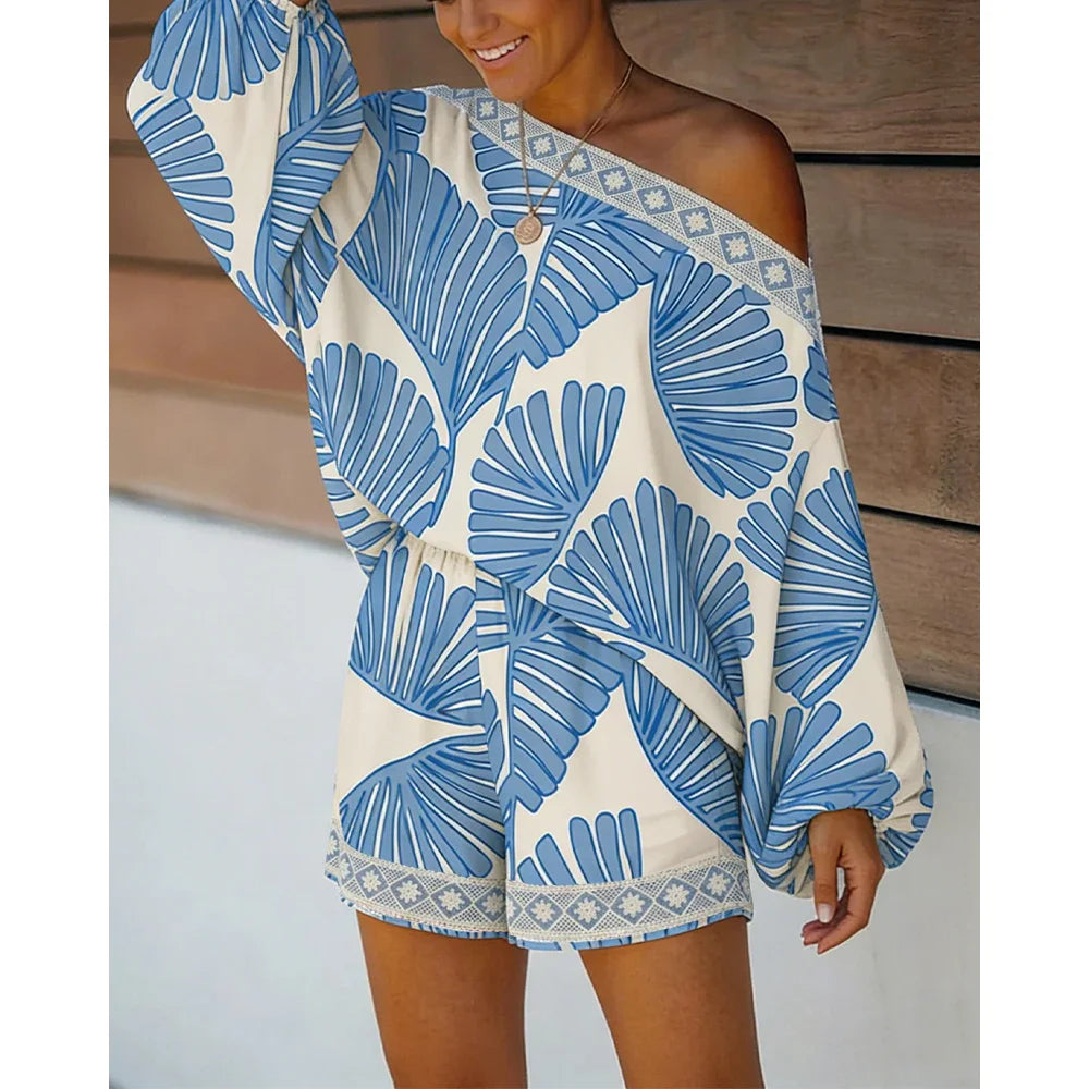 Women's Tropical Leaf Print 2 Piece Set Skew Neck Lantern Sleeve Top and Elastic Waist Shorts with Pockets & Lace